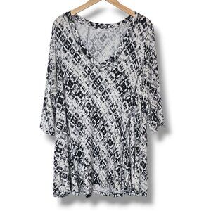 Rose+Olive Tunic Top Size 2X Black White Geometric Print 3/4 Sleeve Boho Stretch